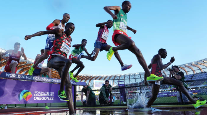 Athletes compete in the men’s 3000m steeplechase during the World Athletics Championships Oregon 22 at Hayward Field